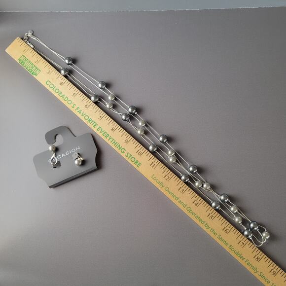 Silver-Tone 36" Multi-Strand Gray Faux Pearl Layered Necklace, Drop Earrings Set - Picture 12 of 14